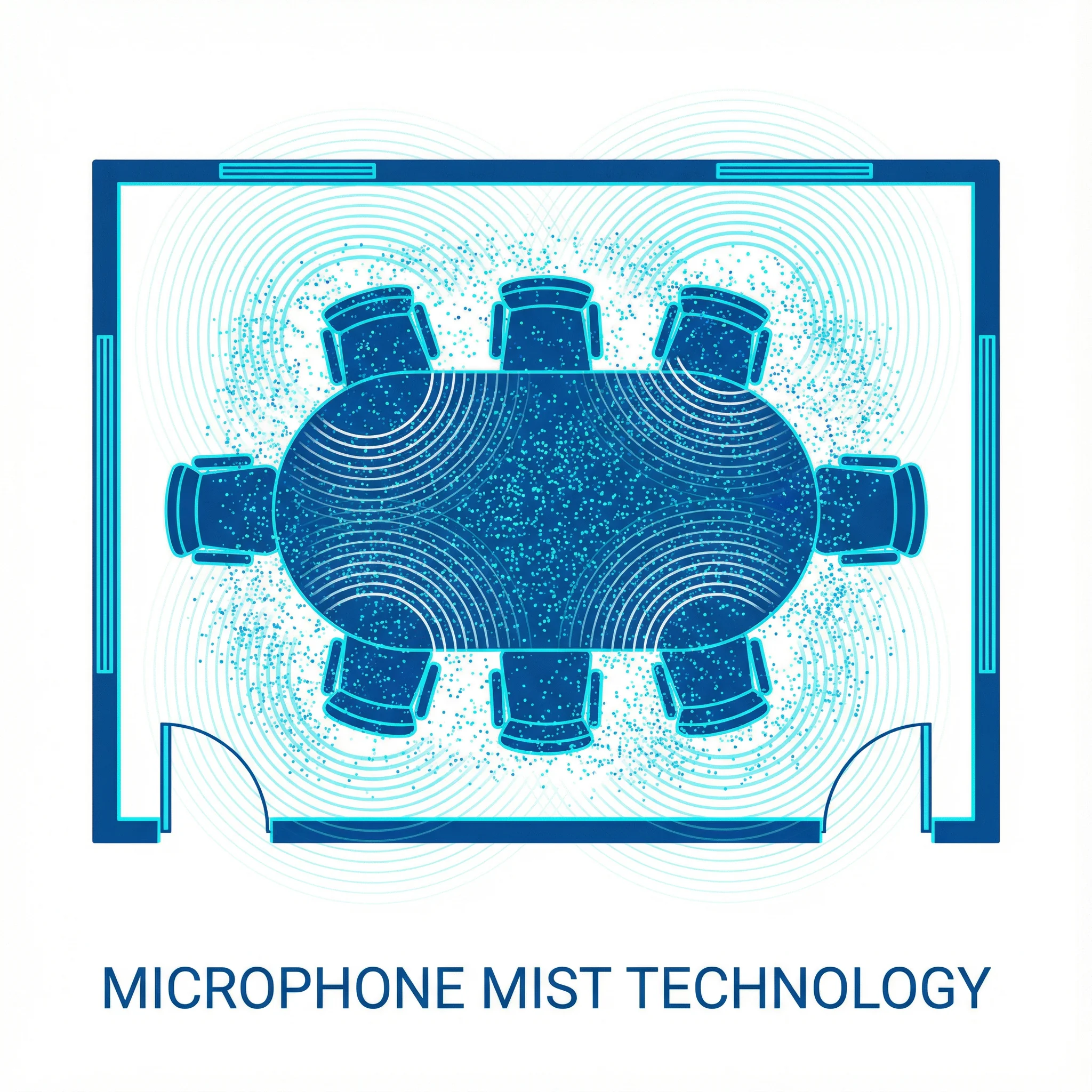 Microphone Mist Technology - Nureva 專利虛擬麥克風技術示意圖，展示數千個虛擬麥克風覆蓋整個會議空間